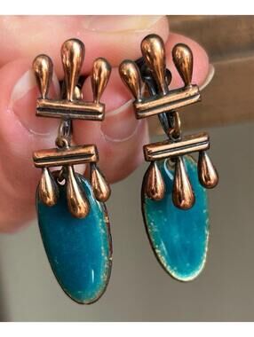 Vintage Copper Turquoise Dangle Clip Earrings Boho